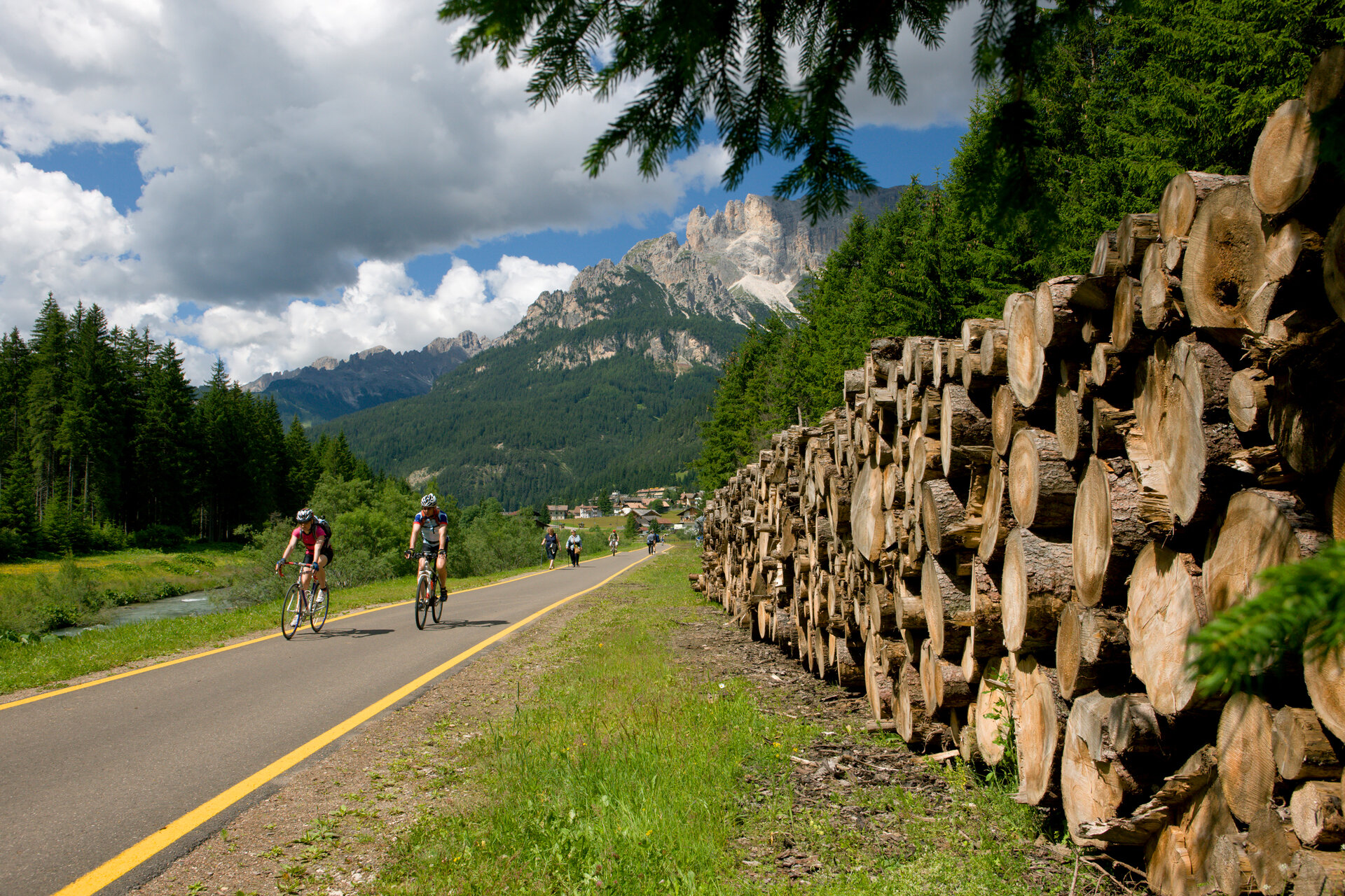 Pista ciclabile ocn tronchi di legno a lato e persone che si muovono in bicicletta con le dolomiti di fassa sullo sfondo | © Archivio Immagini ApT Val di Fassa - Nicola Angeli