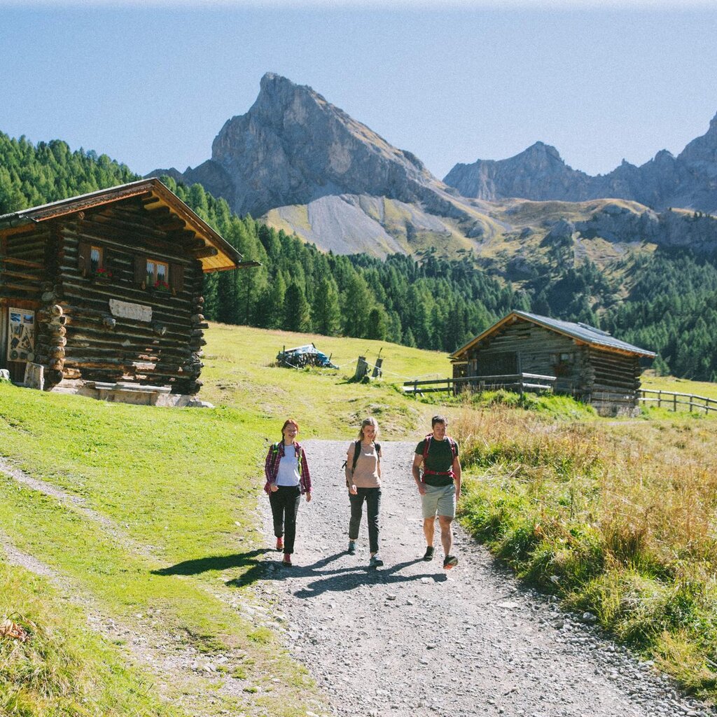 Gruppo di persone scende da una strada forestale tra baite in legno, sullo sfondo, le dolomiti di fassa | © Archivio immagini ApT Val di Fassa - Federico Modica