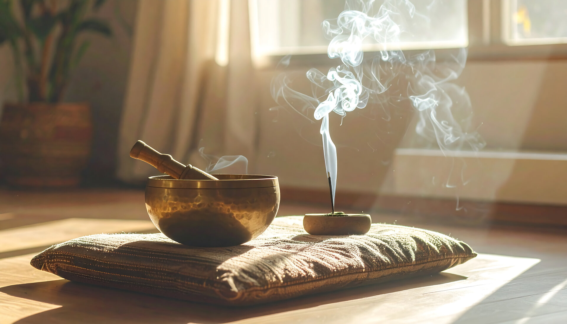 Una campana tibetana e dell'incenso acceso sopra un cuscino | © Archivio immagini ApT Val di Fassa - Adobestock